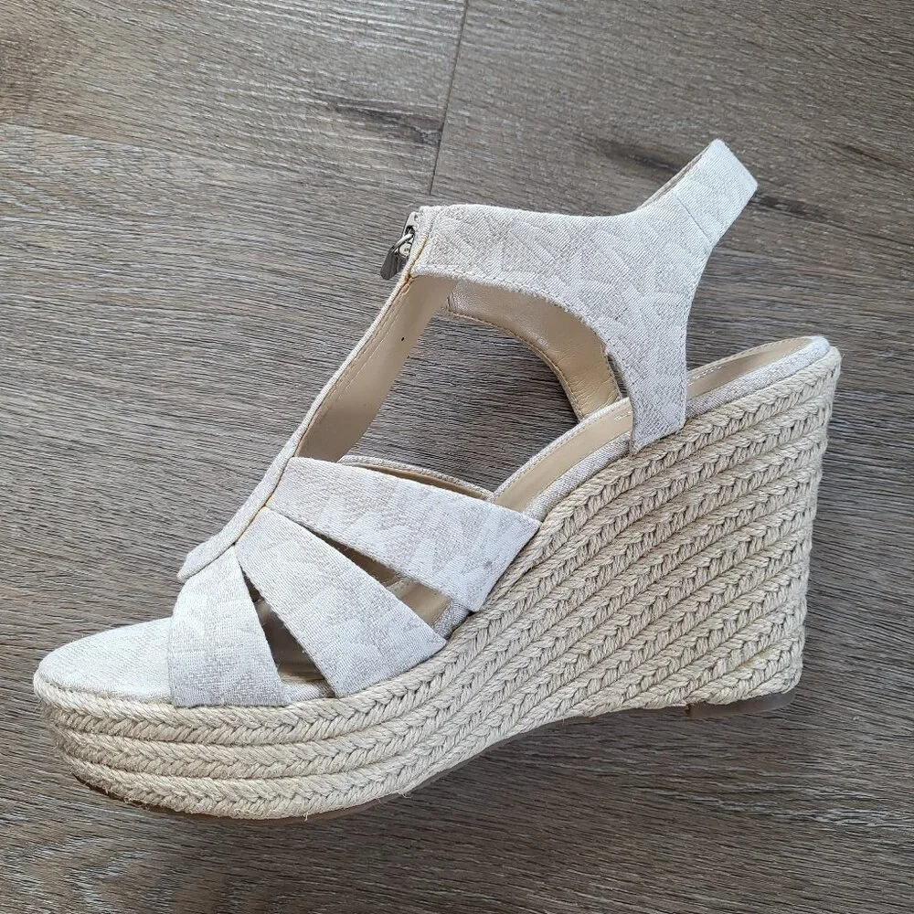 Michael Kors Berkley Platform Wedge Sandal MK Logo Cream Canvas Size 7